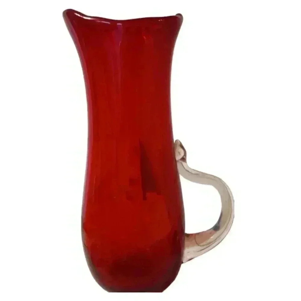 Large Vintage Ruby Red Vase, With Clear Handle